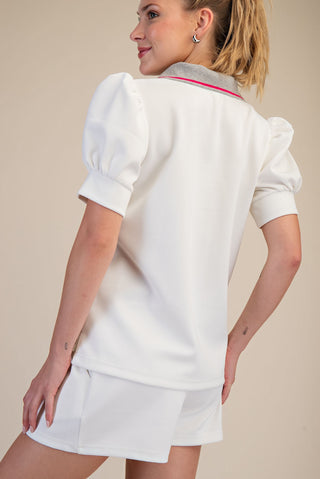 Collar V-Neck Puff Sleeve Top