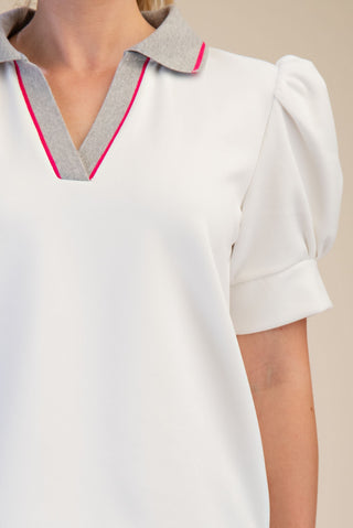 Collar V-Neck Puff Sleeve Top
