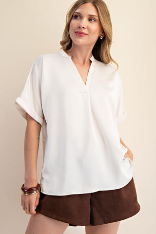 V-Neck Cuff Sleeve Top