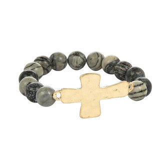Honed Stone and Gold Hammered Cross Bracelet