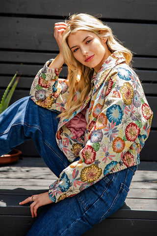 Retro Floral Printed Cropped Jacket