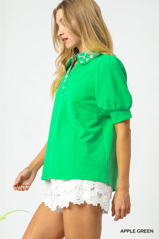 Embroidered Collar Puff Sleeve Knit Top