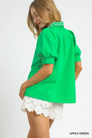 Embroidered Collar Puff Sleeve Knit Top