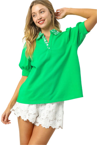 Embroidered Collar Puff Sleeve Knit Top