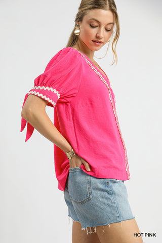 Ric-Rac Trim Puff Sleeve Blouse
