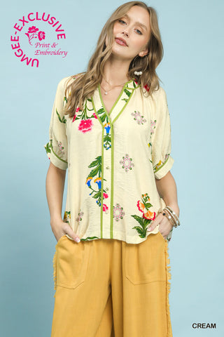 Botanical Print Contrast Trim Blouse