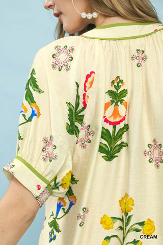 Botanical Print Contrast Trim Blouse