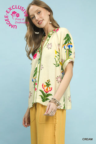 Botanical Print Contrast Trim Blouse