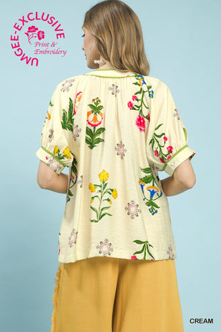 Botanical Print Contrast Trim Blouse
