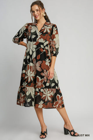 Floral Abstract Collared Midi Dress