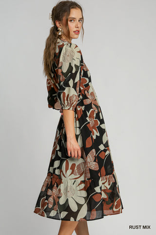 Floral Abstract Collared Midi Dress