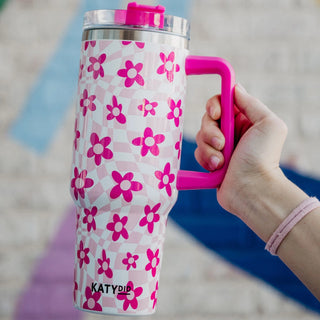 Pink Flower w/ Groovy Checkered Tumbler