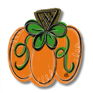 Decorative pumpkin-shaped sign with a green bow and 'DK' initials.