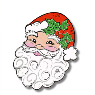 Decorative cutout of a Santa Claus face with holly leaves on a white background.