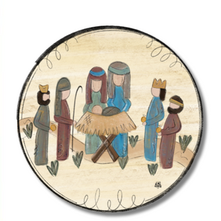Decorative plate with nativity scene illustration on a white background