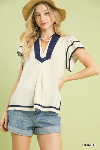 Linen Ruffle Sleeve Top Oatmeal