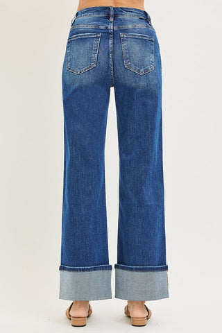 High Rise Ankle Wide Turn Up Jeans