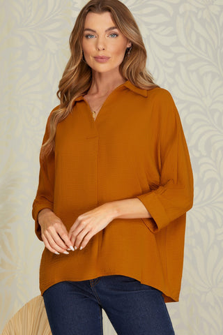 3/4 Sleeve Collared Woven Top