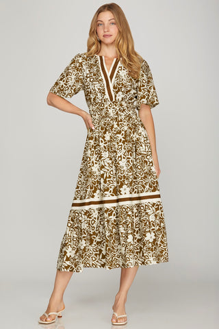 Woven Floral Tiered Midi Dress