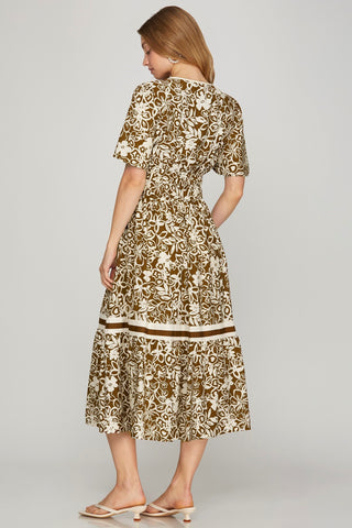 Woven Floral Tiered Midi Dress