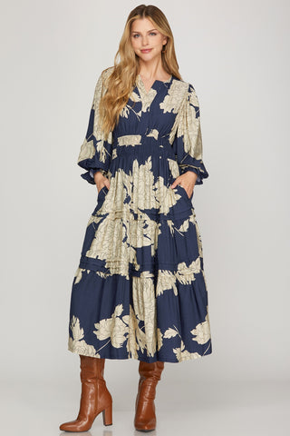 3/4 Sleeve Pintuck Floral Midi Dress