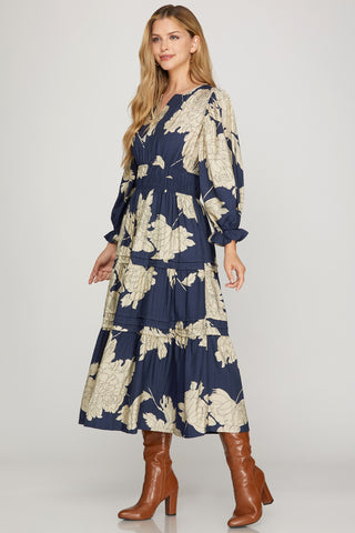 3/4 Sleeve Pintuck Floral Midi Dress