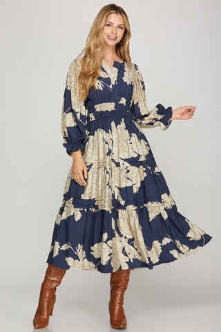 3/4 Sleeve Pintuck Floral Midi Dress
