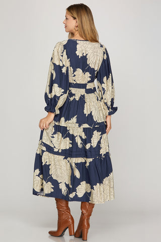 3/4 Sleeve Pintuck Floral Midi Dress