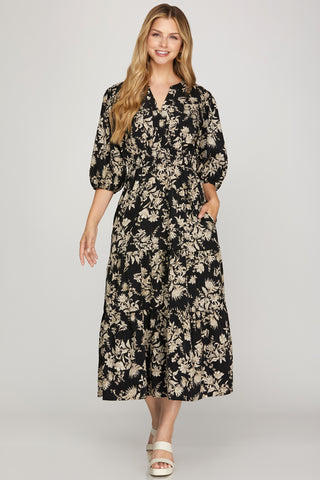 3/4 Sleeve Floral Print Midi Dress