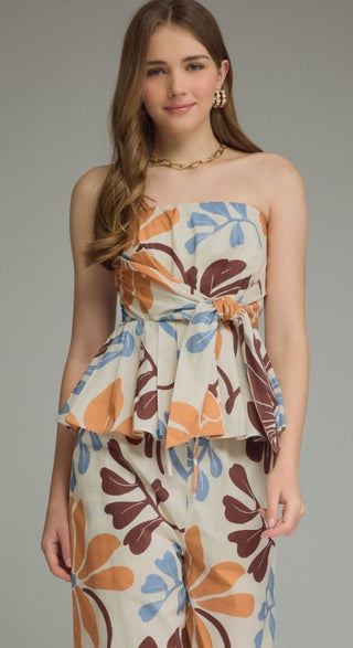 Floral Print Strapless Front Tie Top