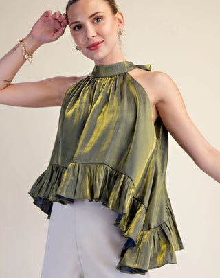 Ruffle Halter Top with Back Neck Tie
