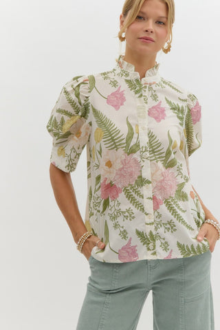 Floral Print Ruffle Neck Top