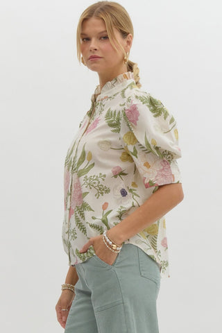 Floral Print Ruffle Neck Top