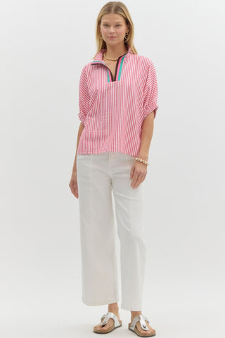 Contrast Trim Seersucker Top