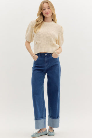 Waffle Pattern Faux Pocket Sweater