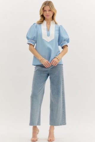 Solid Cuff Bubble Sleeve Top