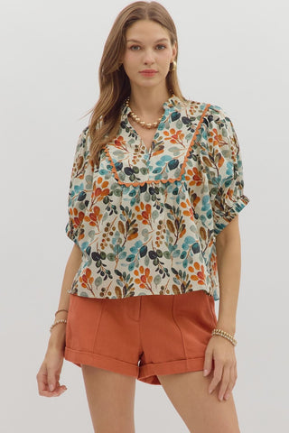 Botanical Print V-Neck Top