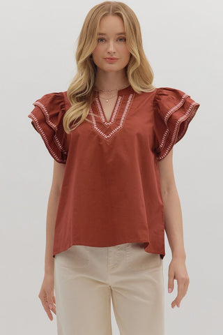 Contrast Embroidered Flutter Sleeve Top