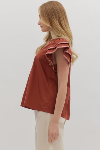 Contrast Embroidered Flutter Sleeve Top