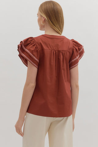 Contrast Embroidered Flutter Sleeve Top