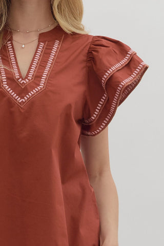 Contrast Embroidered Flutter Sleeve Top