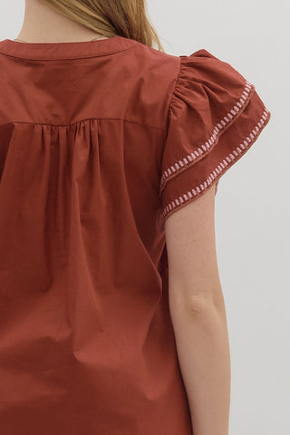 Contrast Embroidered Flutter Sleeve Top