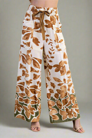 Leaf Print Wide Leg Pants
