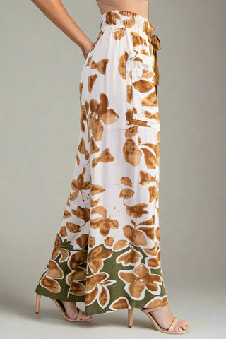 Leaf Print Wide Leg Pants