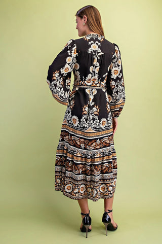 Floral Print Half Button Midi Dress