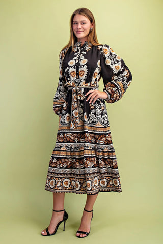 Floral Print Half Button Midi Dress