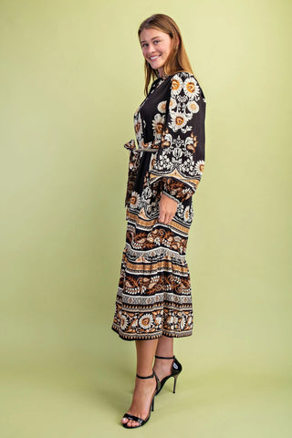 Floral Print Half Button Midi Dress