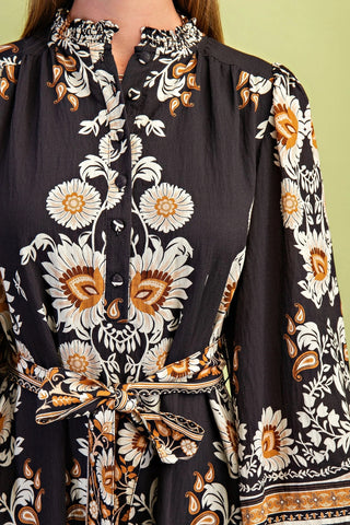 Floral Print Half Button Midi Dress