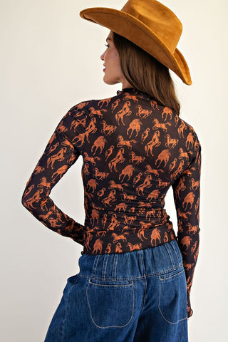 Horse Printed Long Sleeve Mesh Top
