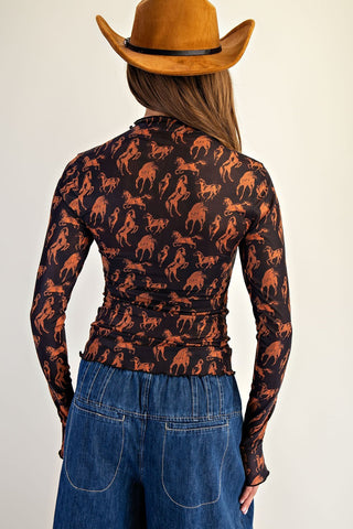 Horse Printed Long Sleeve Mesh Top